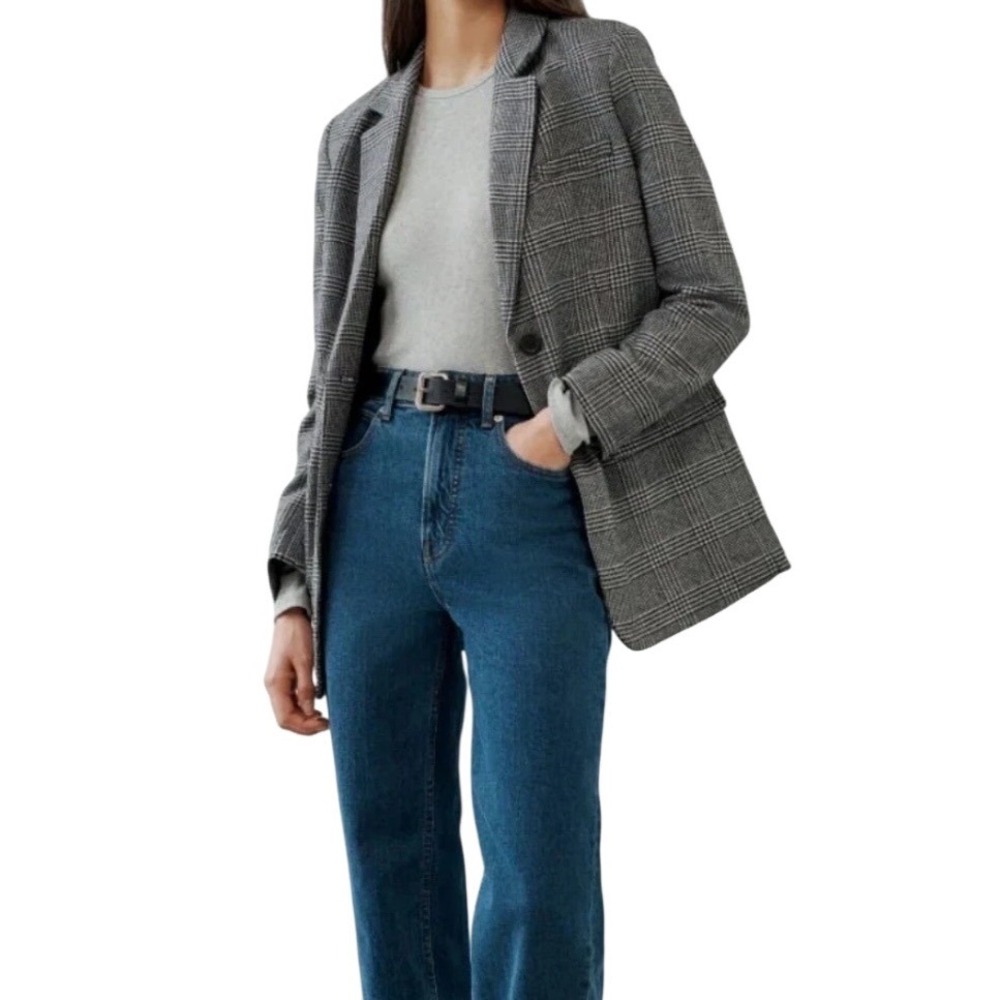 Everlane Oversized‎ Glen Plaid Wool Blend Blazer Womens 14 Black White